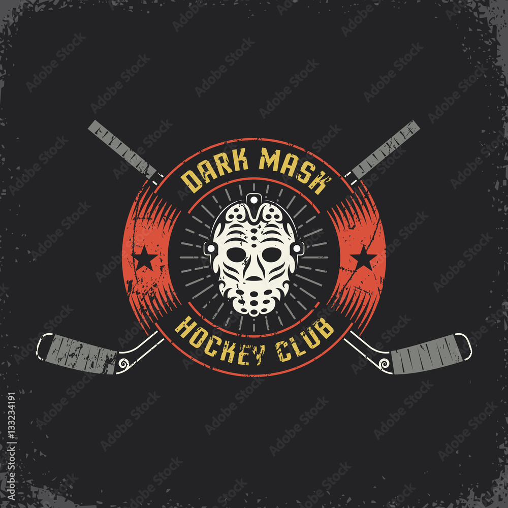 Fototapeta premium Hockey logo with retro goalie mask and crossed sticks. Layered vector illustration - grunge texture, text, background separately and can be easily disabled.