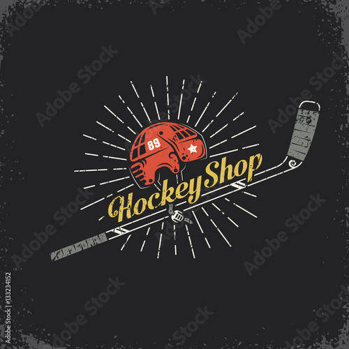 Retro logo for the hockey shop - stick, helmet and inscription. Layered vector illustration - grunge texture, text, background separately and can be easily disabled.
