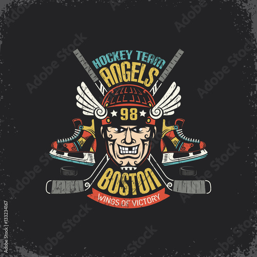 Vintage logo for hockey team with player head, crossed sticks, skates and puck. Layered vector illustration - grunge texture, text, background separately and can be easily disabled.