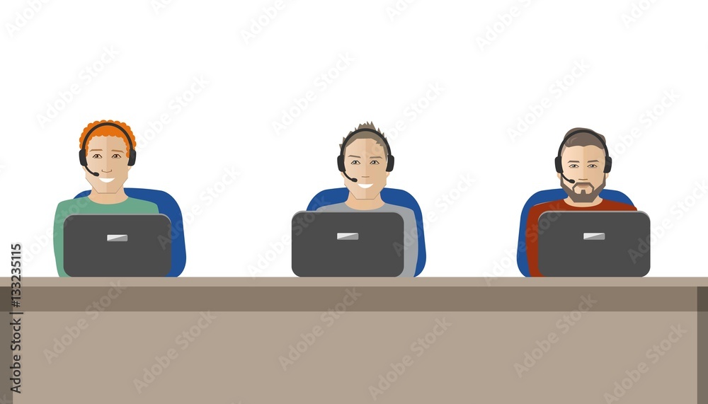 Web banner of call center workers. Technical support service. Young men in headphones sitting at the table. It can be used for websites. Vector illustration. Web banner of call center workers. Technical support service. Young men in headphones sitting at the table. It can be used for websites. Vector illustration.