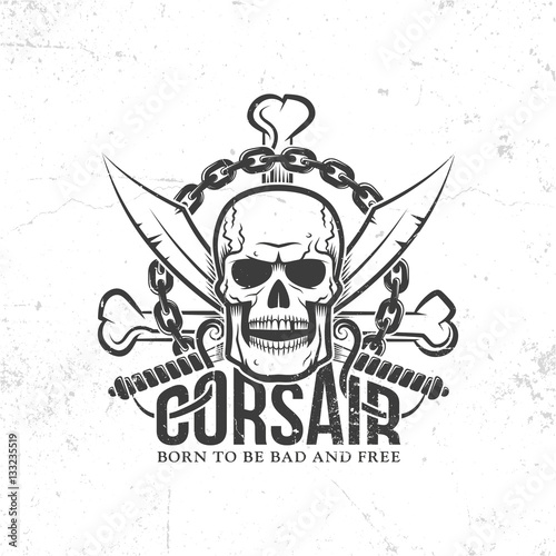 Corsair, pirate logo, Jolly Roger with skull, crossed swords, bones, chain. Grunge texture on separate layers and can be easily disabled.