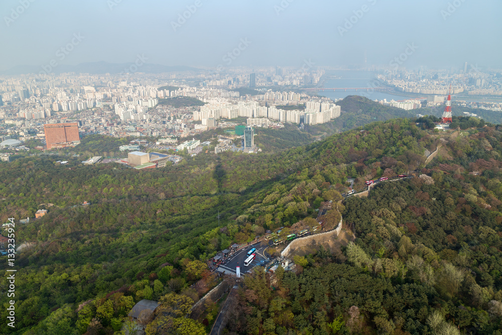 View of the Namsan Hill and city in Seoul, South Korea from above.