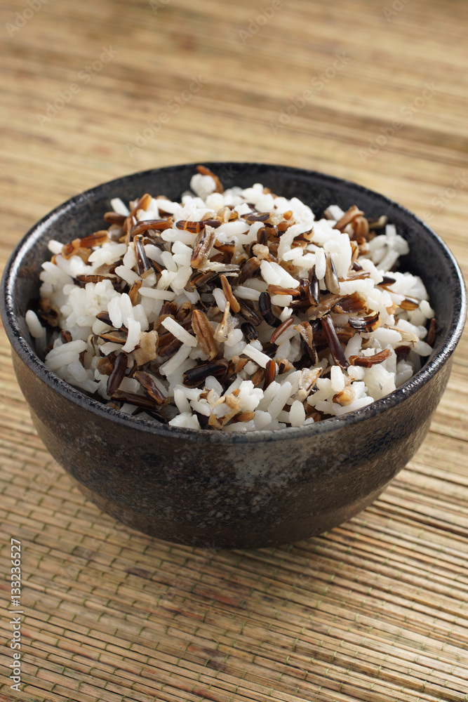 Mix of cooked native North American Indian wild rice and boiled long grain rice Mix of cooked native North American Indian wild rice and boiled long grain rice