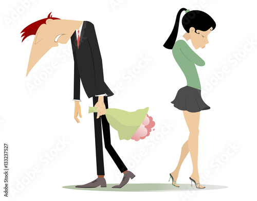 Disagreement between man and woman. Young man with the bunch of flowers has quarreled out with his woman
