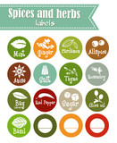Spices, condiments and herbs web icon set illustration / Collection of herbs flat icon set / Spicy herbs silhouettes collection / Retro labels set for food packaging or Jar sticker kitchen design.