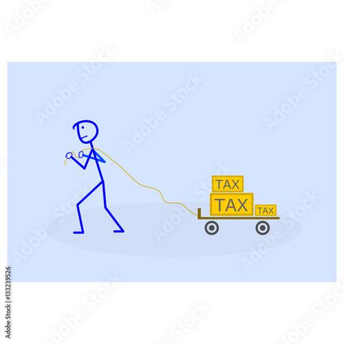 A man with hand truck with taxes. Tax time and taxpayer finance concept