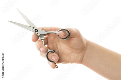 hairdresser holding thinning scissors shear in hand isolated on white background.