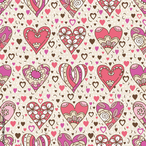 Beige square background with pink decorative valentine hearts 