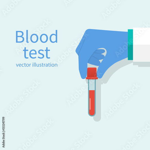 Doctor hold hand sample blood in test tube, isolated. Medical background. Laboratory research. Vector illustration flat design. Equipment for analysis. Blood donation.
