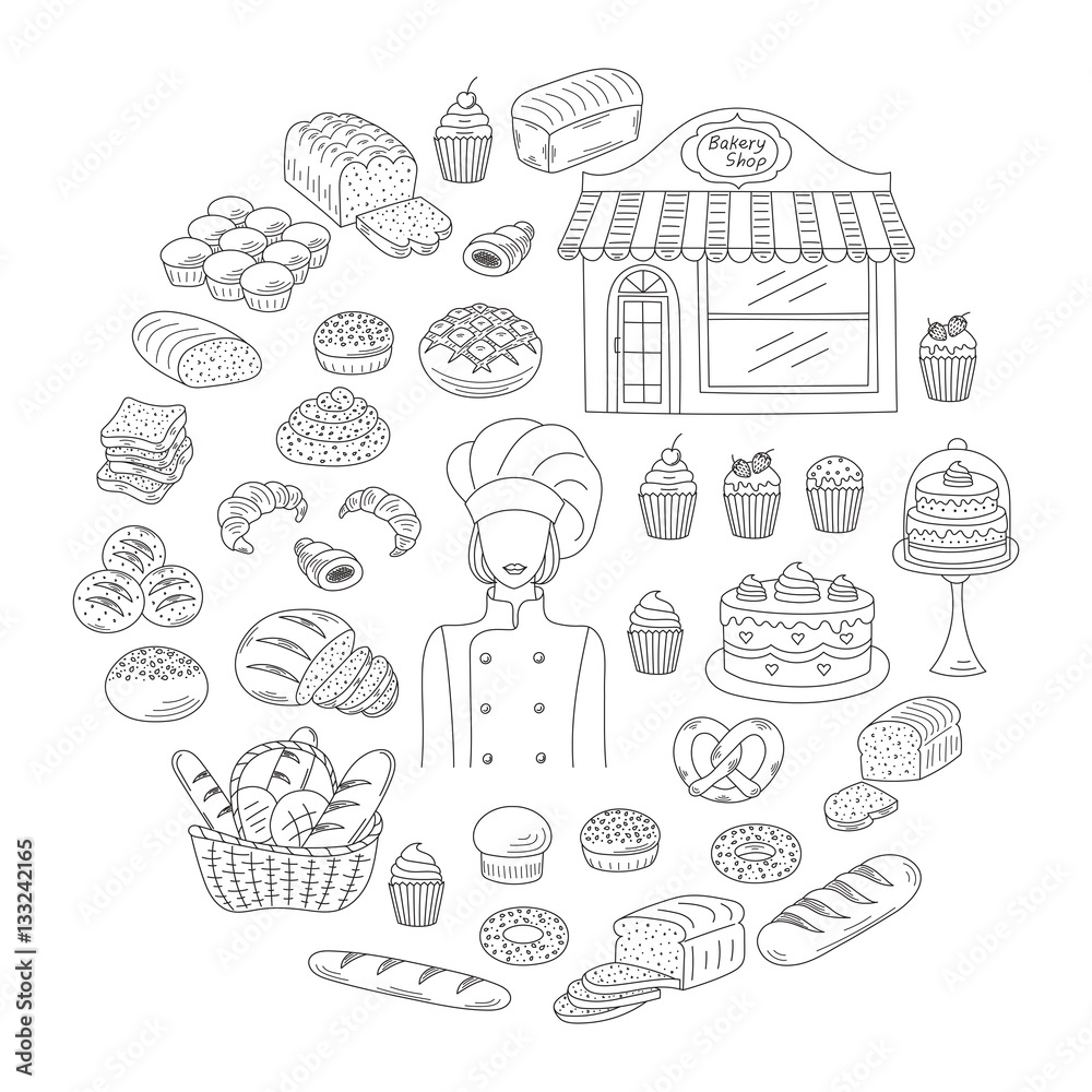 Bakery collection doodle style vector illustrations isolated on white