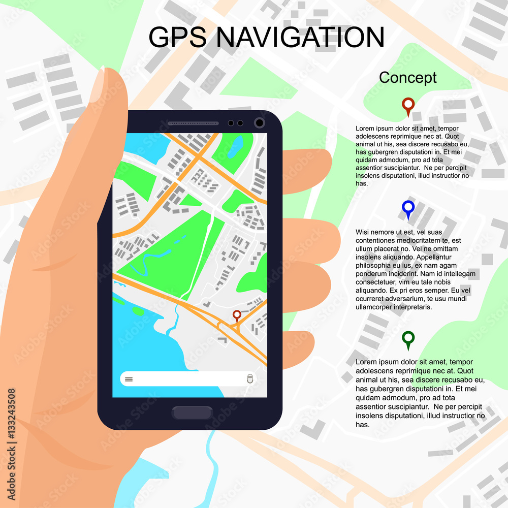 Location illustration on smartphone screen with pin points on map. Smartphone in a hand. Vector illustration