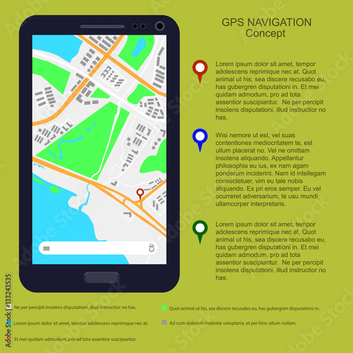 Location illustration on smartphone screen with pin points on map. Vector illustration