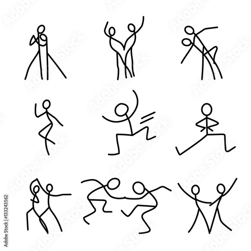 Cartoon icons set of sketch little dancing people in cute miniature scenes.