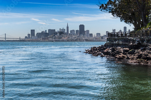 San Francisco and the Oakland Bay Bridge from the dock on Alcatraz Island, California