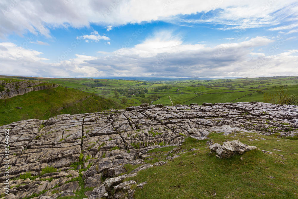 View of the Yorkshire dales over the rocky Malham cove
