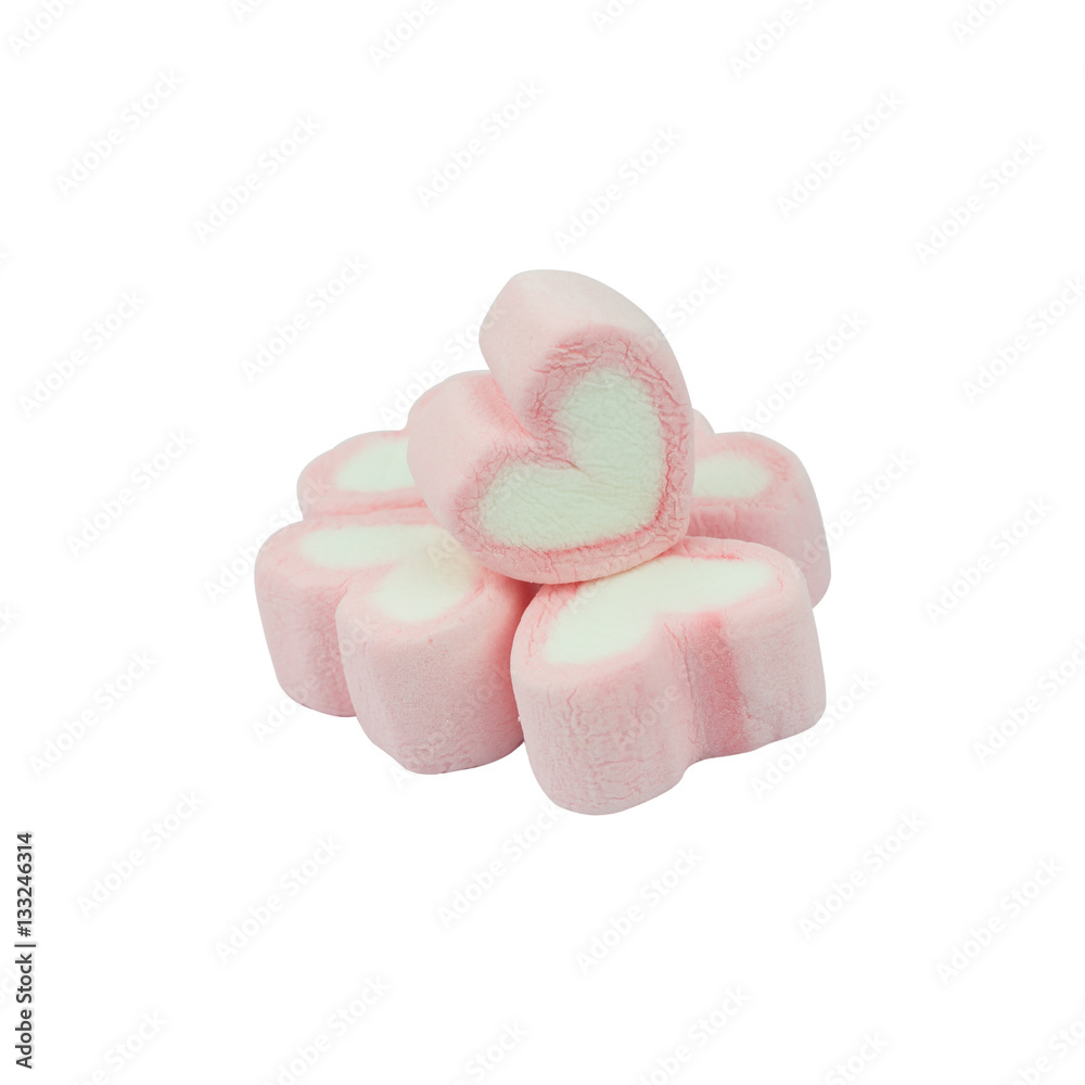 Pink heart shaped marshmallows isolated on white Pink heart shaped marshmallows isolated on white