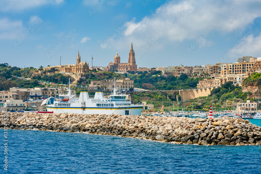 Harbour and skyline of Mgarr, Gozo. Ferries to and from Malta arrive and depart here.