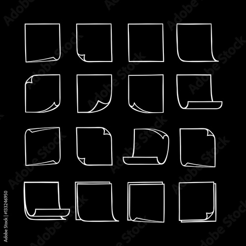Vector black and white stick notes, collection of hand-drawn sheets of note paper with place for your text and message, isolated monochrome sticky note with curled corners, EPS 8