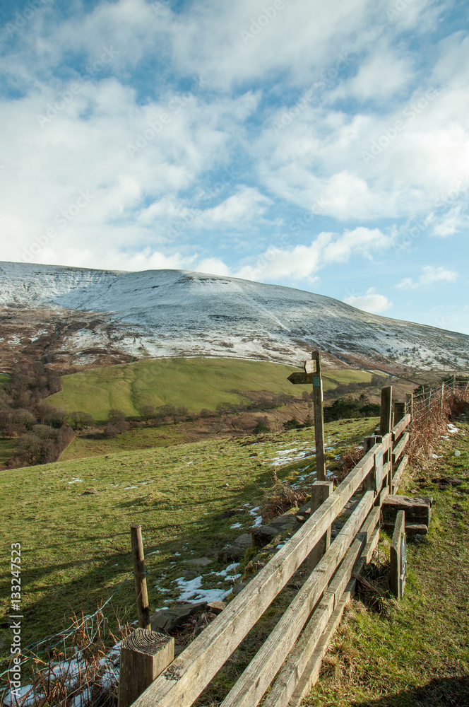 Brecon beacons roadside scenery in the winter.