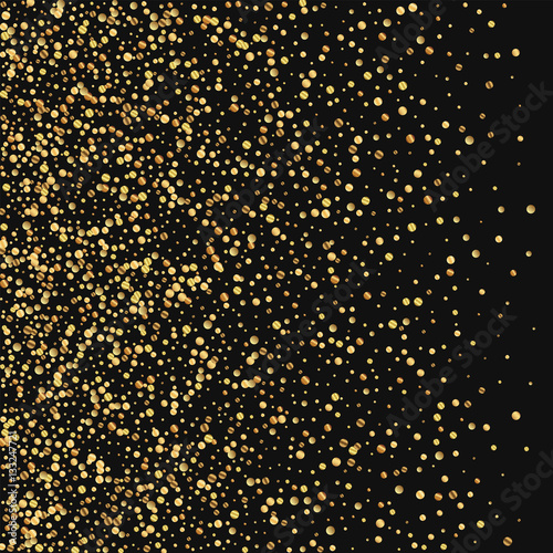 Gold confetti. Left gradient on black background. Vector illustration.