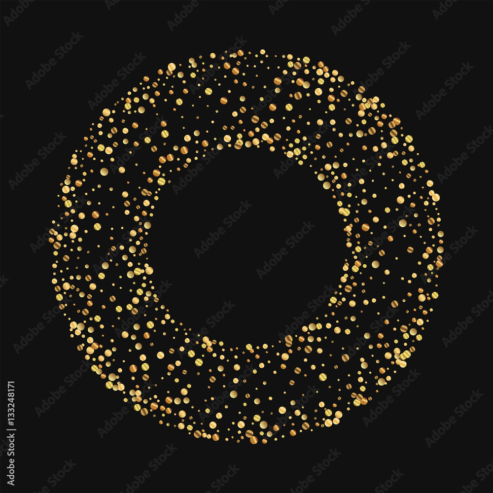 Gold confetti. Round bagel frame on black background. Vector illustration.