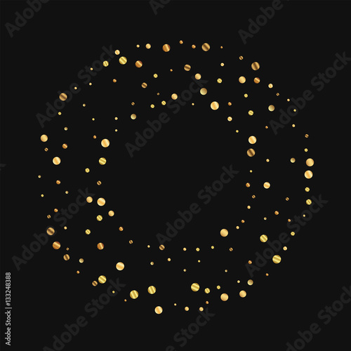 Sparse gold confetti. Round bagel frame on black background. Vector illustration.