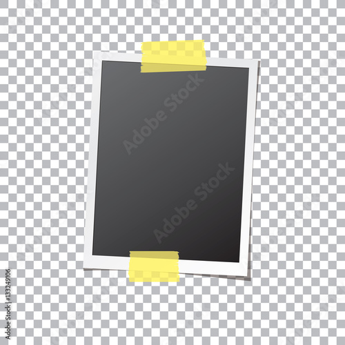 Abstract photo frame fixed by sticky tape isolated on transparent background. Photograph mockup template with blank space for your image.