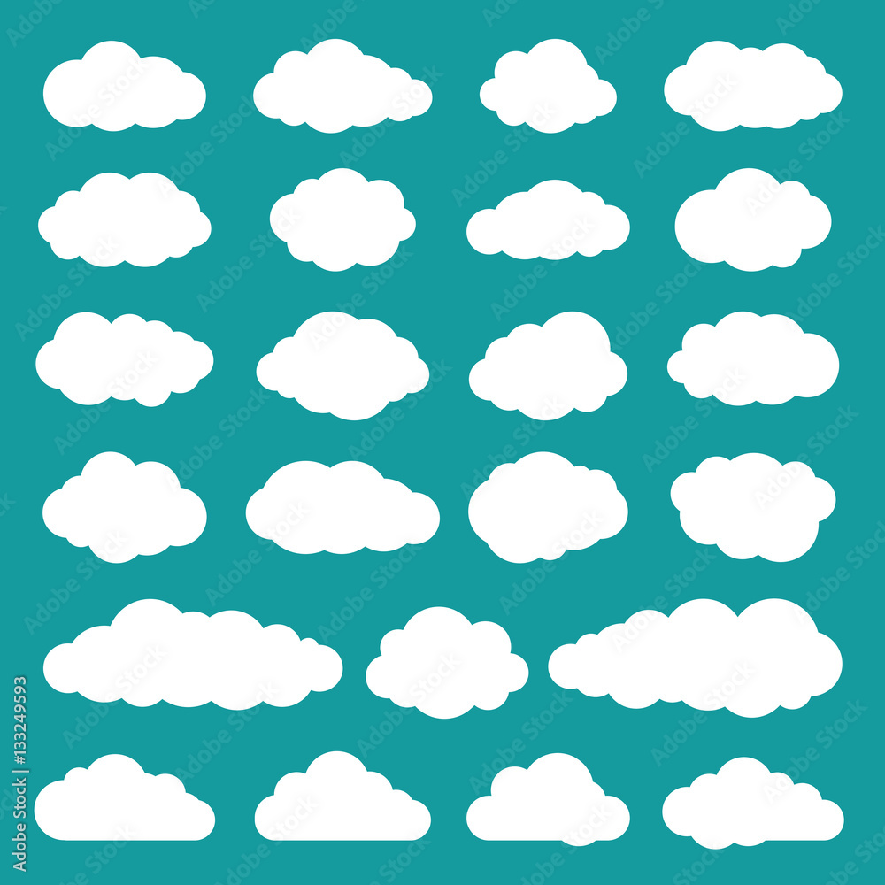 Cloud collection of twenty three flat icons. Set of cloudlet silhouette symbols. White sky clouds isolated on turquoise or greenish blue background. Vector illustration in EPS8 format.