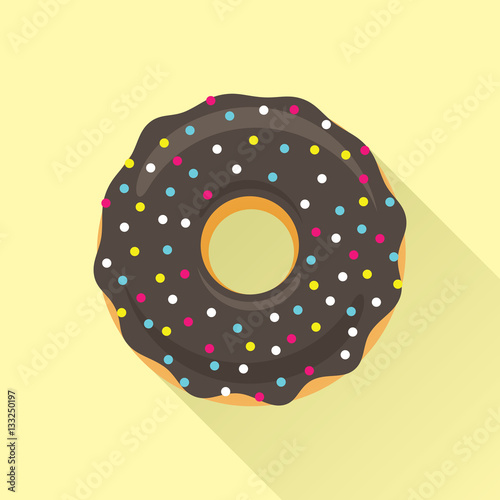 Donut flat style icon. Sweet sugar icing donut in the glaze with sprinkle topping of colorful beads on chocolate cream. Isolated eps8 vector illustration.