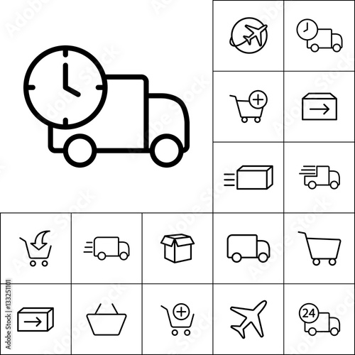 thin line delivery truck icon on white background, shipping icon