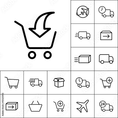 thin line supermarket trolley add icon on white background, ship