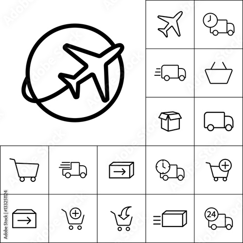 thin line plane icon on white background, shipping set
