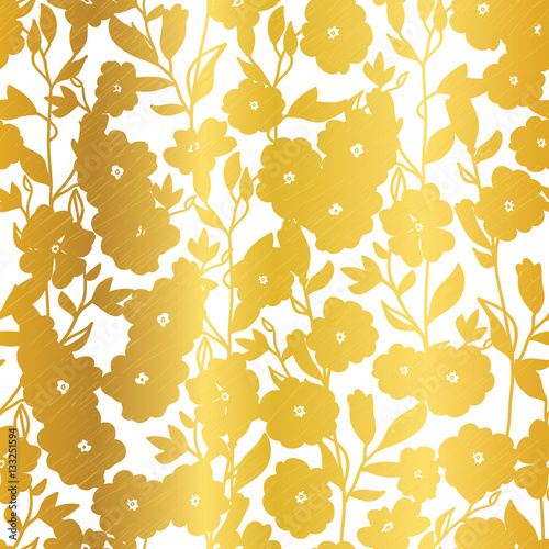 Vector Golden Blossom Flowers Summer Seamless Pattern Background. Great for elegant gold texture fabric, cards, wedding invitations, wallpaper.