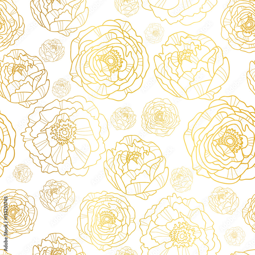 Vector Golden On White Peony Flowers Summer Seamless Pattern Background.  Great for elegant gold texture fabric, cards, wedding invitations, wallpaper.  Stock Vector | Adobe Stock