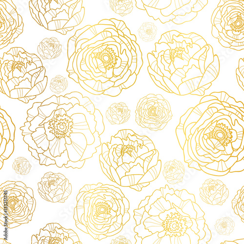 Vector Golden On White Peony Flowers Summer Seamless Pattern Background. Great for elegant gold texture fabric, cards, wedding invitations, wallpaper.