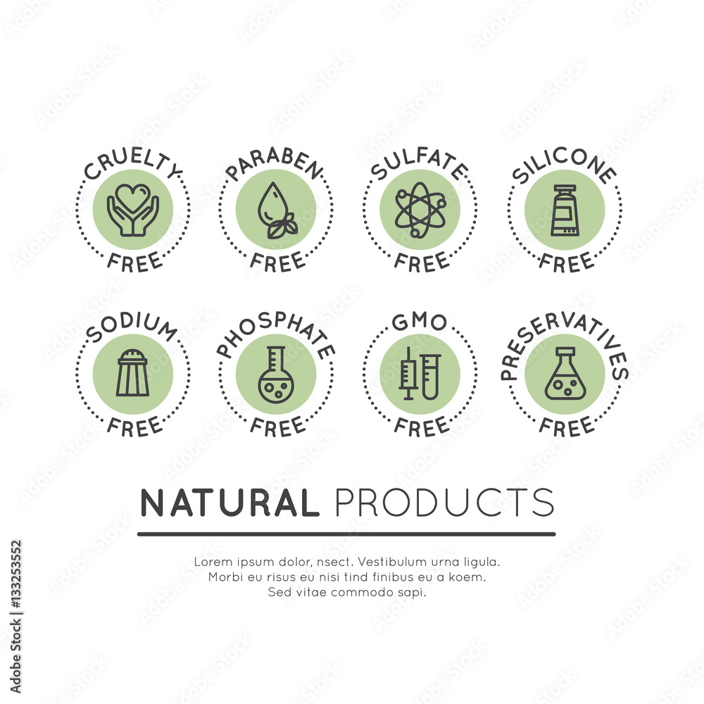 Isolated Vector Style Illustration Logo Set Badge Ingredient Warning Label Icons. GMO, SLS, Paraben, Cruelty, Sulfate, Sodium, Phosphate, Silicone, Preservative Free Organic Product Stickers