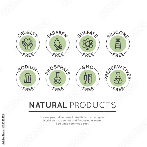 Isolated Vector Style Illustration Logo Set Badge Ingredient Warning Label Icons. GMO, SLS, Paraben, Cruelty, Sulfate, Sodium, Phosphate, Silicone, Preservative Free Organic Product Stickers