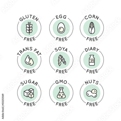 Isolated Vector Style Illustration Logo Set Badge Ingredient Warning Label Icons. Allergens Gluten, Lactose, Soy, Corn, Diary, Milk, Sugar, Trans Fat. Vegetarian and Organic symbols. Food Intolerance