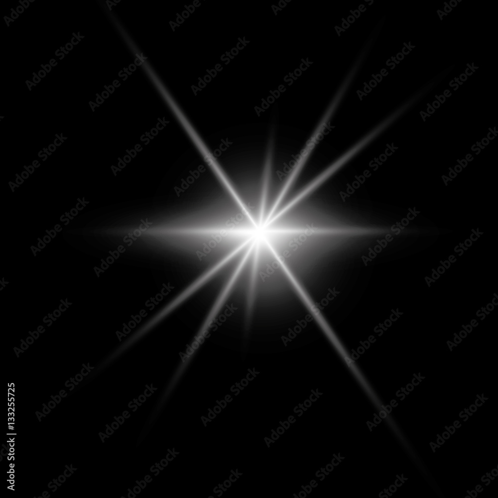 Star in white on transparent black background. Sun flare with rays and  attention. The glow of the light effect. Stock Vector