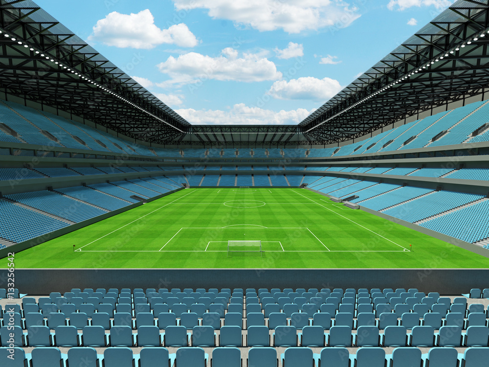 Fototapeta Render 3D stadionu piłkarskiego o dużej pojemności z otwartym dachem i błękitnymi siedzeniami