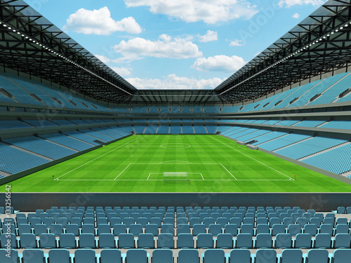 3D render of a large capacity soccer - football Stadium with an open roof and sky blue seats