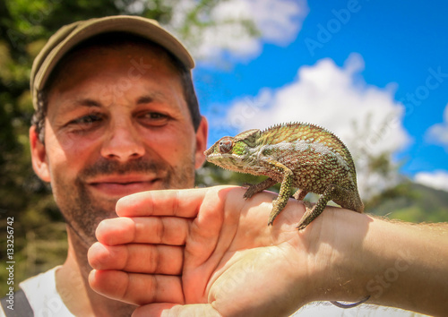 Man and chameleon