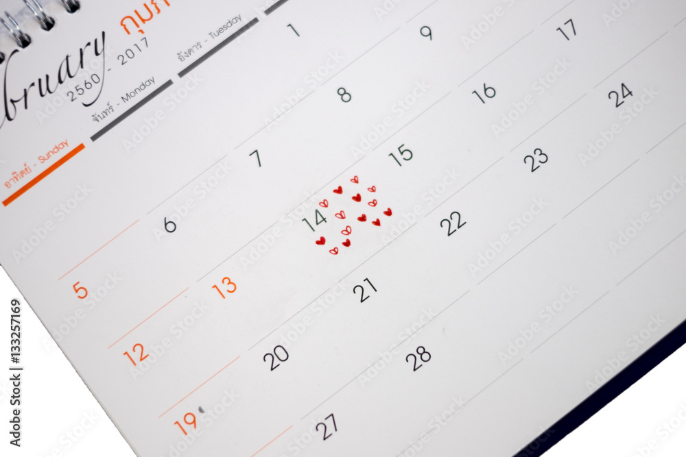 Calendar page with the red hearts on February 14 of Saint Valentines day