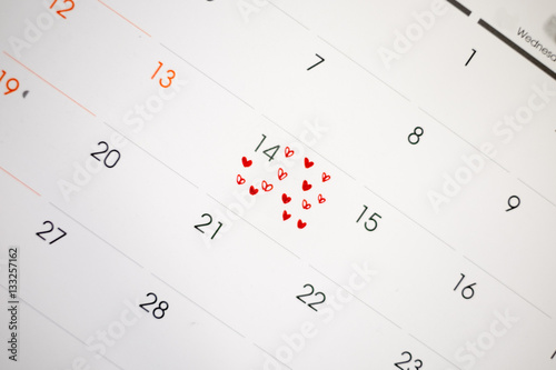 Calendar page with the red hearts on February 14 of Saint Valentines day