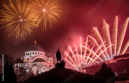 Belgrade  Serbia  Europe - January 14  2017  Orthodox New years eve celebration with fireworks over the Church of Saint Sava at midnight in Belgrade  Serbia on January 14  2017