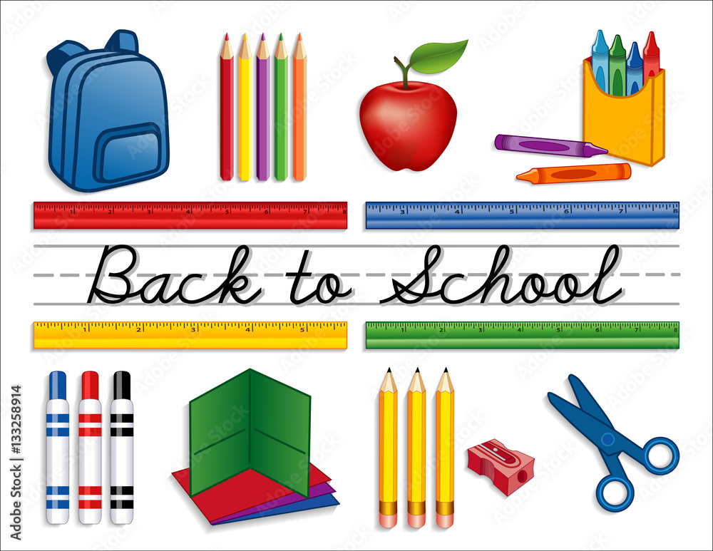 School Clipart, Back to School Supplies Clip Art, Pencil, Crayon, Marker,  Notebook, Paper Backpack Clipart for Teachers, Classroom PNG 