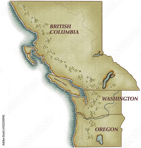 An illustrated map of Washington State, Oregon State and British Columbia, Canada.
