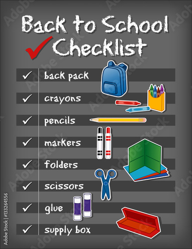 Checklist, back to school supplies, backpack, crayons, pencils, markers, folders, scissors, glue, supply box on chalkboard background. EPS8 compatible.