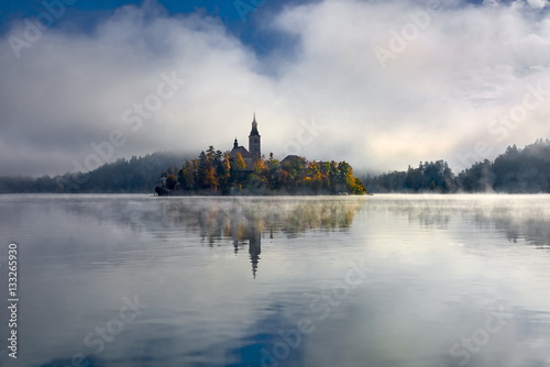Lake Bled with St. Marys Church of the Assumption on the small island  Bled, Slovenia, Europe. © janmiko