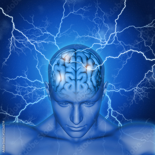 Foto 3D male head and brain with lightening